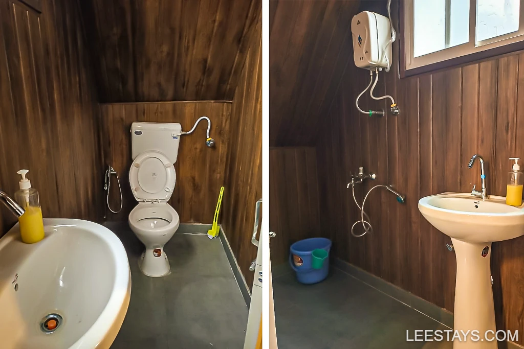 A clean bathroom at Diamond Resort near Pawna Lake, featuring modern fixtures like a toilet and washbasin in a wooden setting.