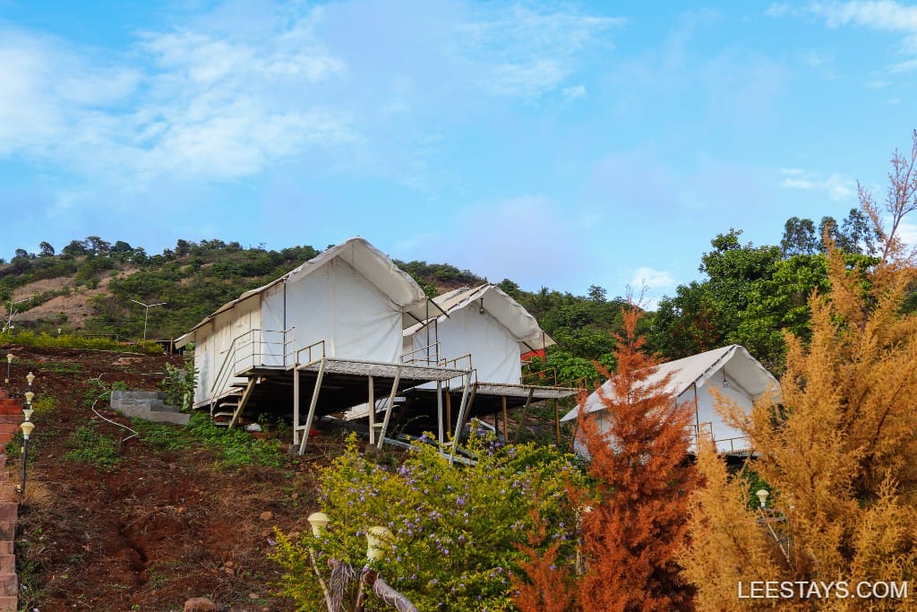 Glamping accommodations overlooking Pawna Lake, nestled among lush greenery and colorful foliage under a blue sky.
