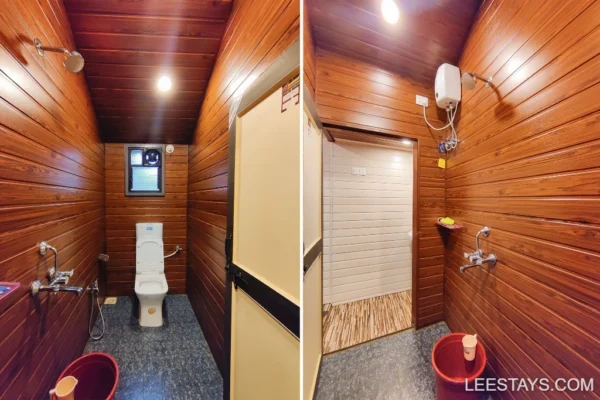 Well-designed bathroom inside a wooden cottage, suited for family stays near Pawna Lake, featuring a shower and modern amenities.