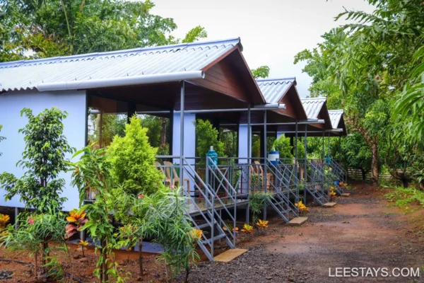 Cottages surrounded by greenery, ideal for families, near Pawna Lake, featuring a charming outdoor area and vibrant plants.
